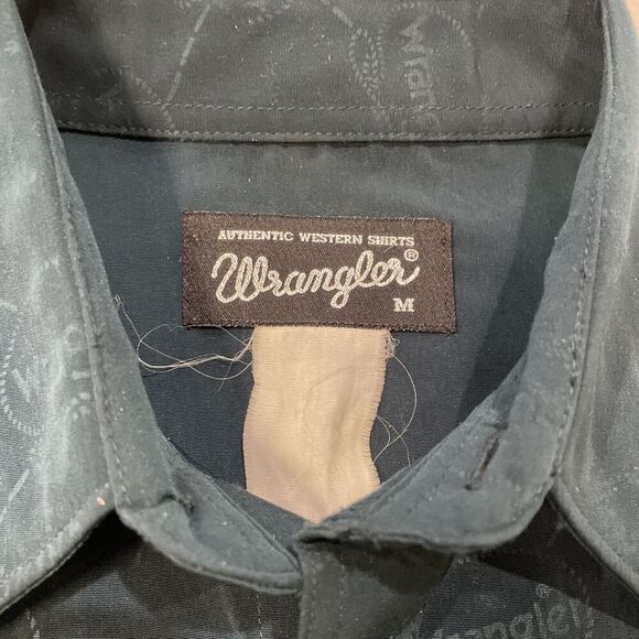 Vintage Wrangler Mens Medium Green Pearl Snap All Over SpellOut Western Shirt - Picture 5 of 6